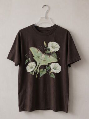 Green Luna Moth & White Flowers Graphic Tee - Dark Chocolate